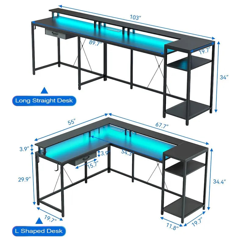 L-Shaped Desk with LED Lights & Power Outlet