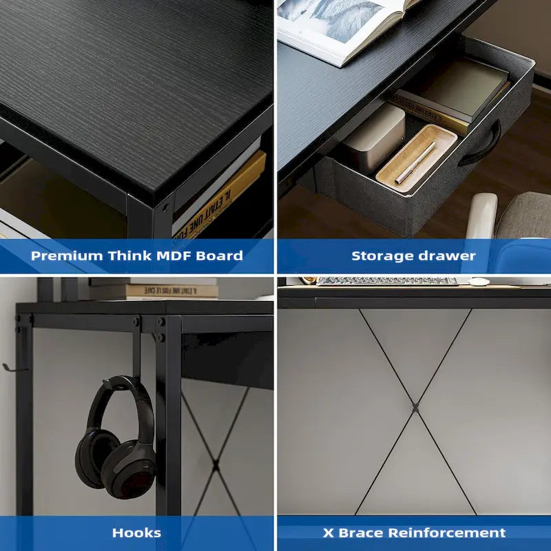 L-Shaped Desk with LED Lights & Power Outlet