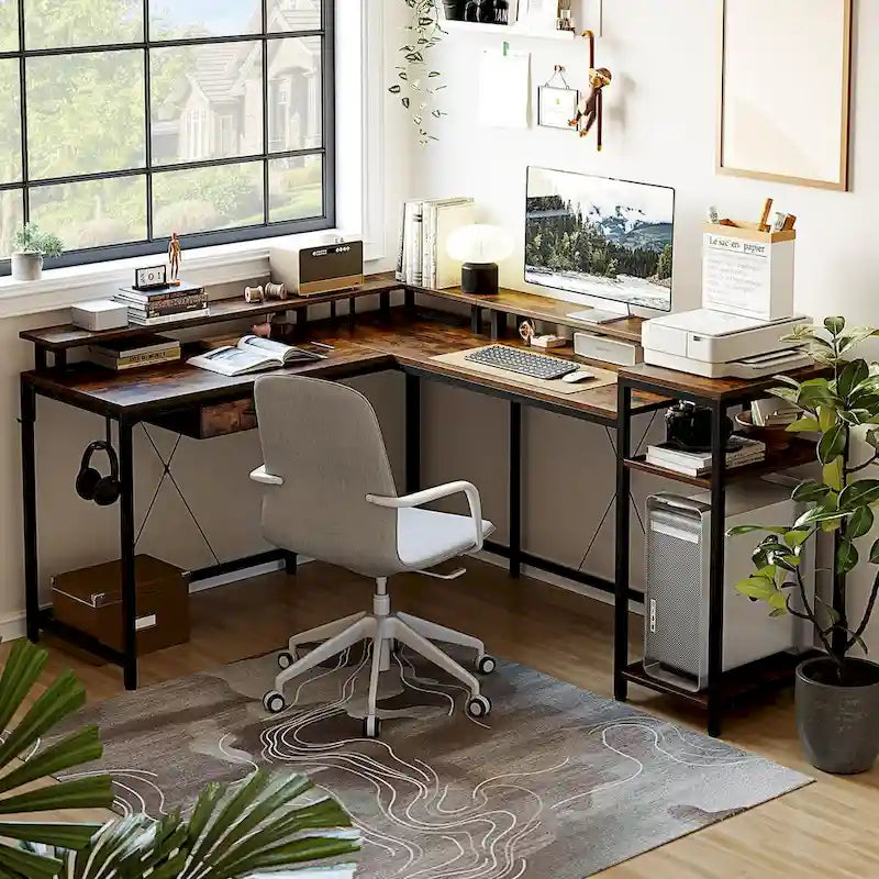 L-Shaped Desk with LED Lights & Power Outlet