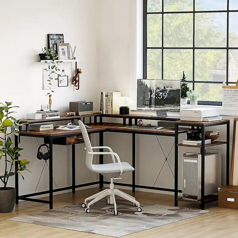 L-Shaped Desk with LED Lights & Power Outlet