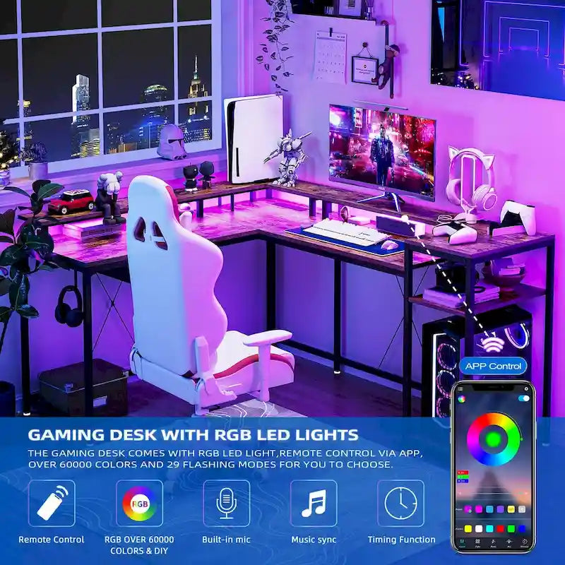 L-Shaped Desk with LED Lights & Power Outlet