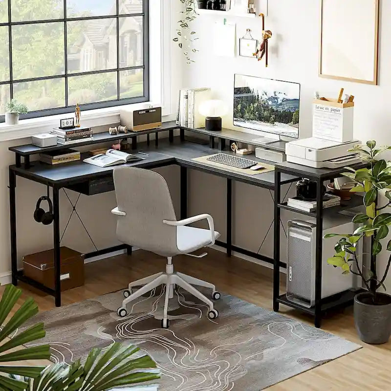 L-Shaped Desk with LED Lights & Power Outlet