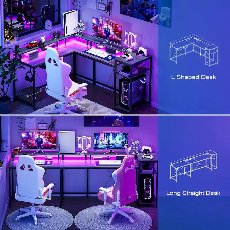 L-Shaped Desk with LED Lights & Power Outlet
