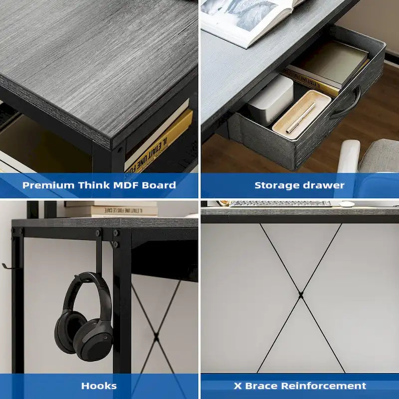 L-Shaped Desk with LED Lights & Power Outlet