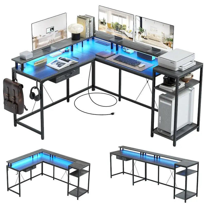 L-Shaped Desk with LED Lights & Power Outlet