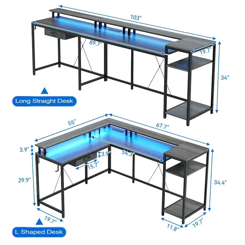 L-Shaped Desk with LED Lights & Power Outlet