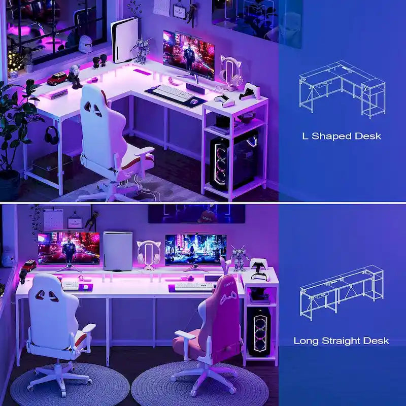L-Shaped Desk with LED Lights & Power Outlet