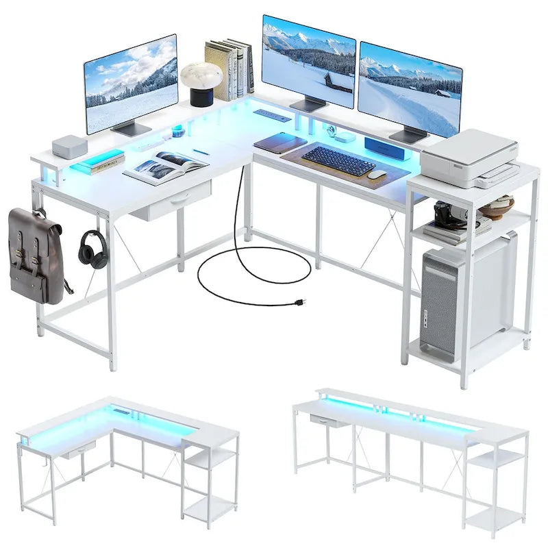 L-Shaped Desk with LED Lights & Power Outlet