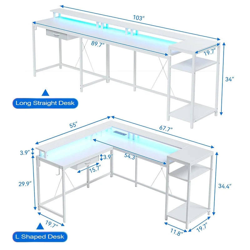 L-Shaped Desk with LED Lights & Power Outlet