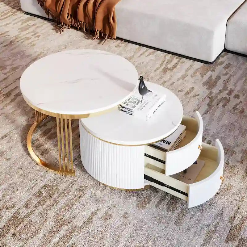2 tables basses gigognes rondes blanches avec tiroirs