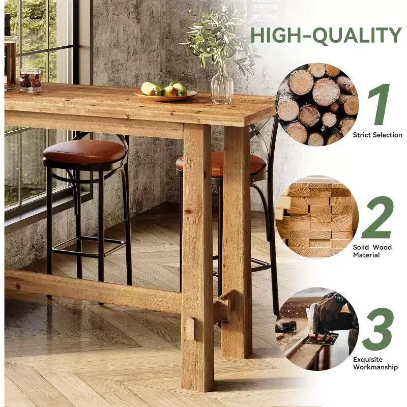 Table de bar haute en bois massif de 63 pouces pour cuisine, café ou restaurant