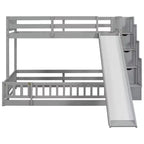 Lit superposé double sur complet avec toboggan, escalier de rangement, garde-corps de sécurité et cadre en bois de pin massif, Blanc/Gris