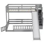 Lit superposé double sur complet avec toboggan, escalier de rangement, garde-corps de sécurité et cadre en bois de pin massif, Blanc/Gris