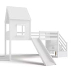 Lit mezzanine simple avec 3 tiroirs et escalier de rangement, structure cabane en bois avec toboggan et bureau amovible