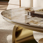 Table basse ovale moderne Pandora 51 avec plateau en pierre frittée brillante, table basse de luxe, pieds en acier inoxydable pour salon