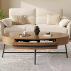 Table basse ovale avec tiroir, table basse moderne du milieu du siècle, table basse en bois de 120 cm avec rangement et pieds en métal croisés, design incurvé