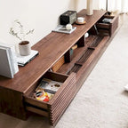 Meuble TV minimaliste avec tiroirs, console multimédia en bois massif avec placards, porte abattante, placage noyer, entièrement assemblé