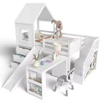 Lit mezzanine simple avec 3 tiroirs et escalier de rangement, structure cabane en bois avec toboggan et bureau amovible