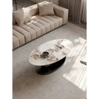 Table basse ovale moderne Pandora 51 avec plateau en pierre frittée brillante, table basse de luxe, pieds en acier inoxydable pour salon