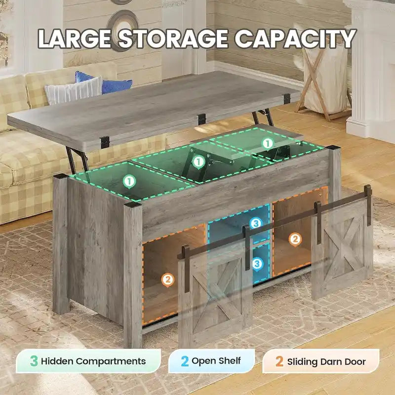 Table basse relevable avec 2 portes de grange coulissantes et rangement