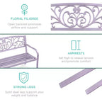 Banc d'extérieur en acier Best Choice Products, mobilier de jardin pour terrasse ou porche avec dossier à motif floral