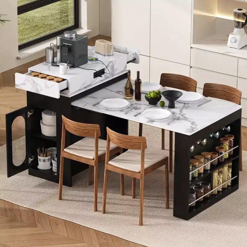 Table à manger extensible Whisen, table îlot mobile roulante avec 3 rallonges amovibles, meuble de rangement